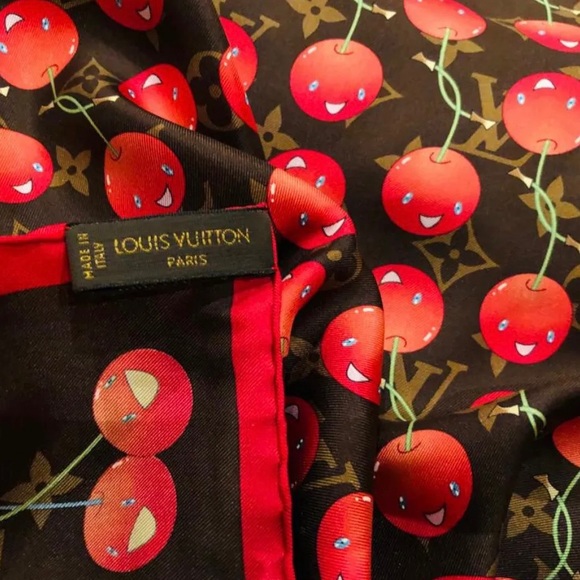 Authentic Louis Vuitton x Takashi Murakami 2005 Rare Cherry Silk Scarf +Box - Picture 2 of 5